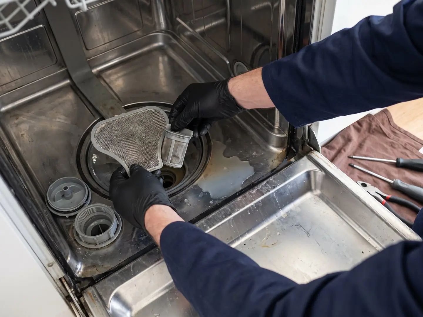 Gloved hands repairing a Bosch appliance