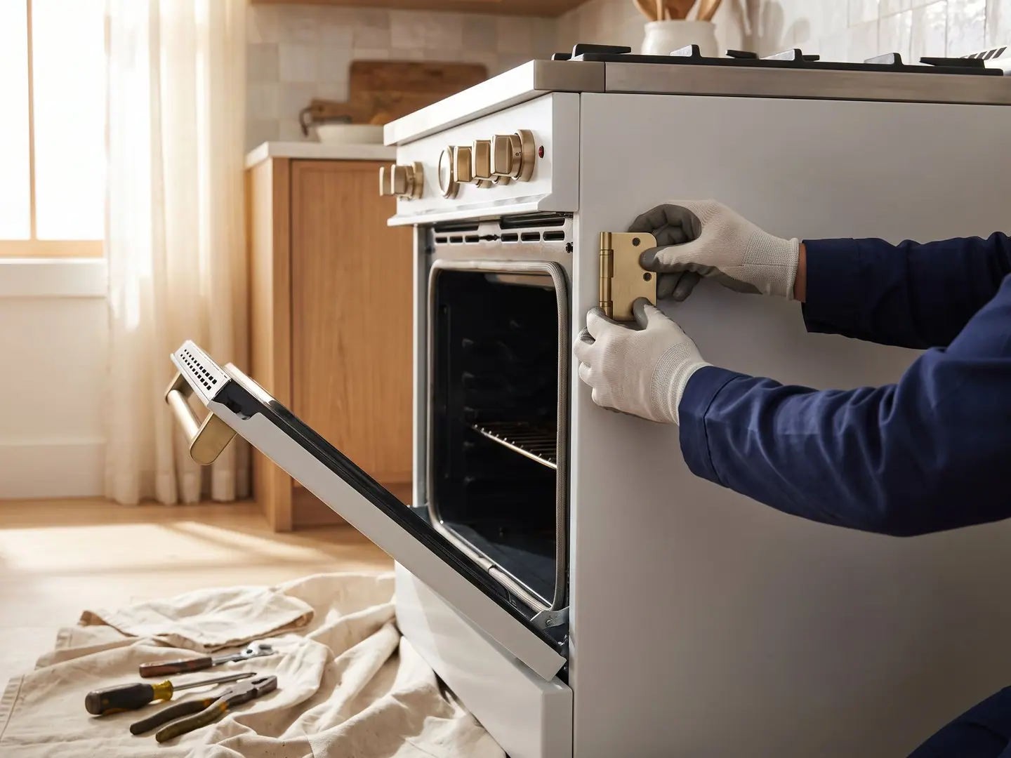 Gloved hands repairing a Café appliance