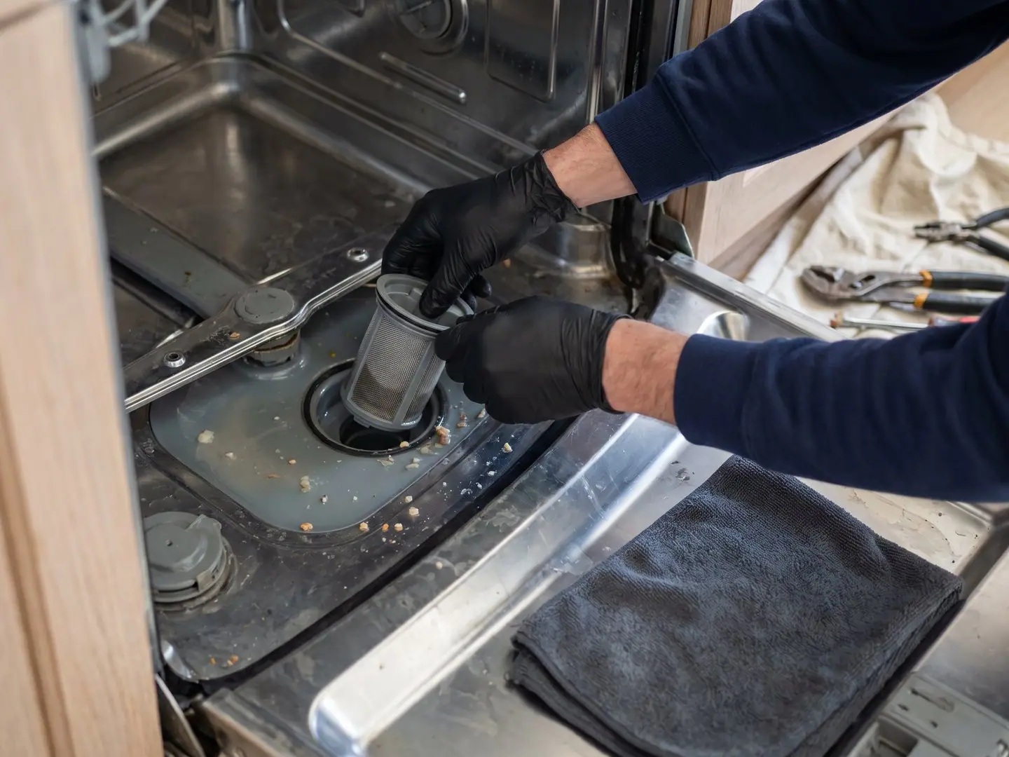 Gloved hands repairing a Cove appliance