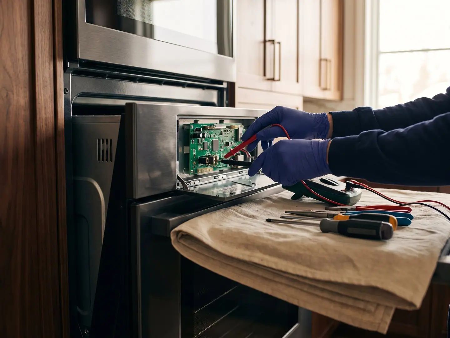 Gloved hands repairing a Dacor appliance