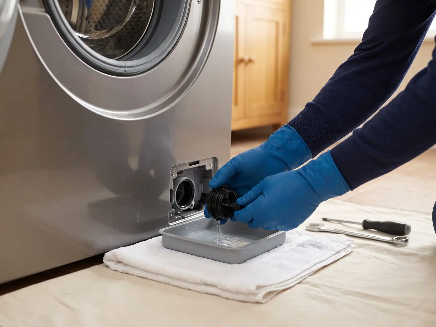 Gloved hands repairing a Electrolux appliance