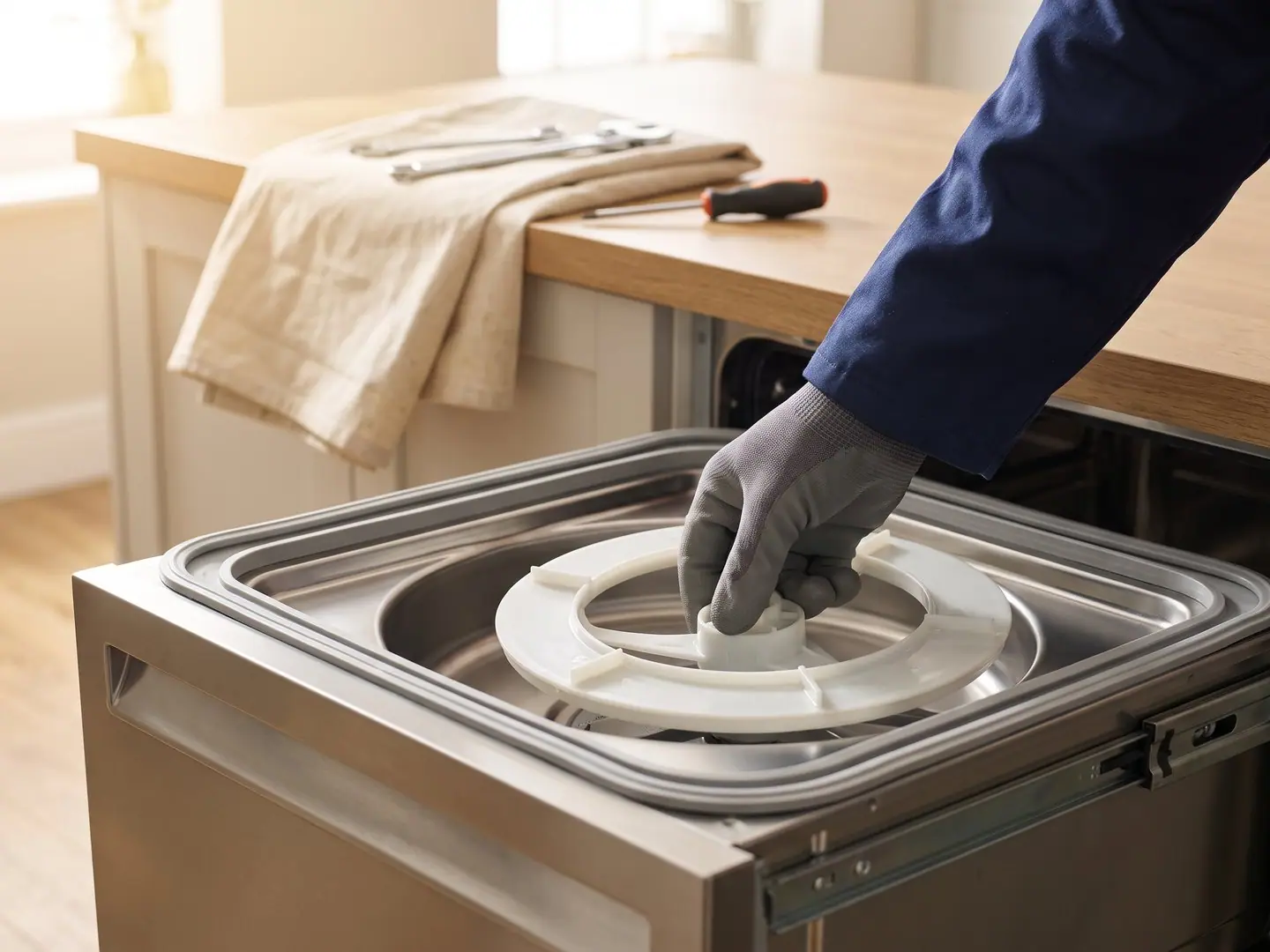 Gloved hands repairing a Fisher & Paykel appliance