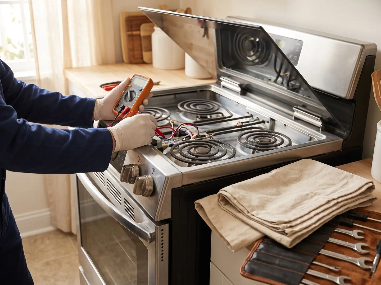 Gloved hands repairing a Frigidaire appliance