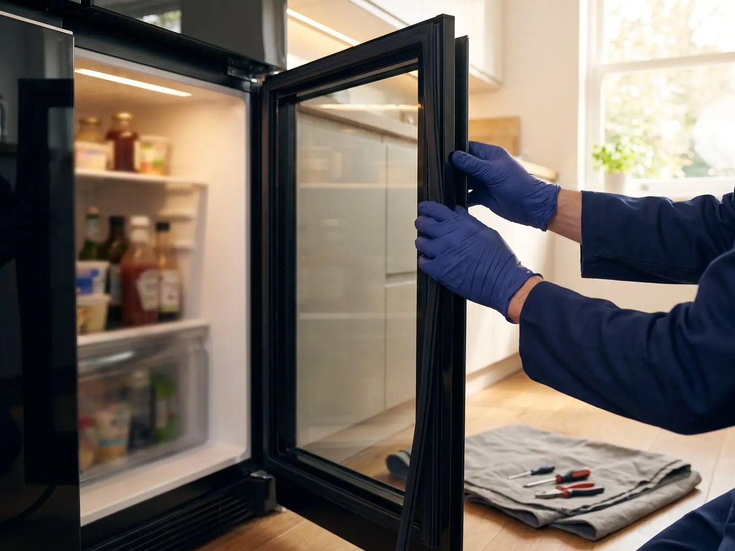Gloved hands repairing a JennAir appliance