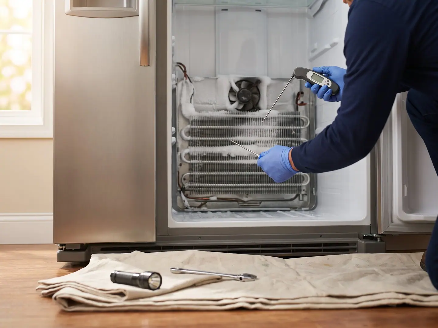 Gloved hands repairing a Kenmore appliance