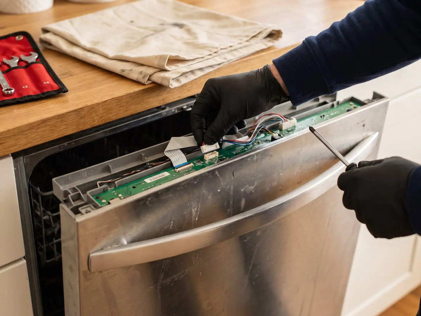 Gloved hands repairing a KitchenAid appliance
