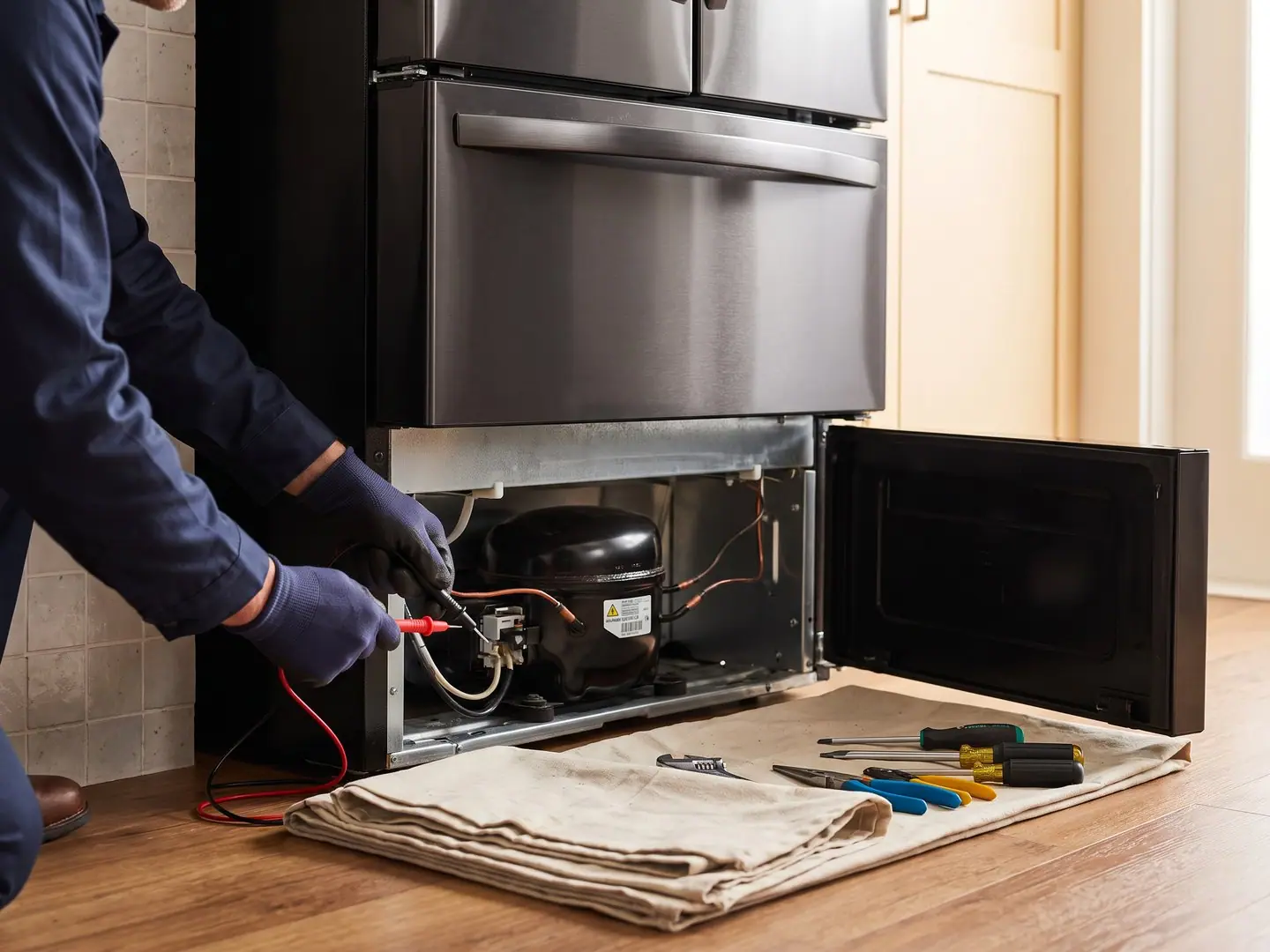 Gloved hands repairing a LG appliance