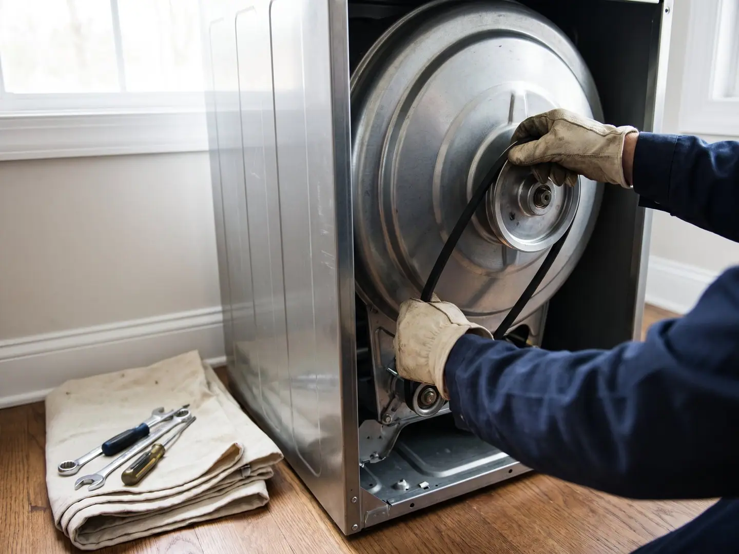 Gloved hands repairing a Maytag appliance