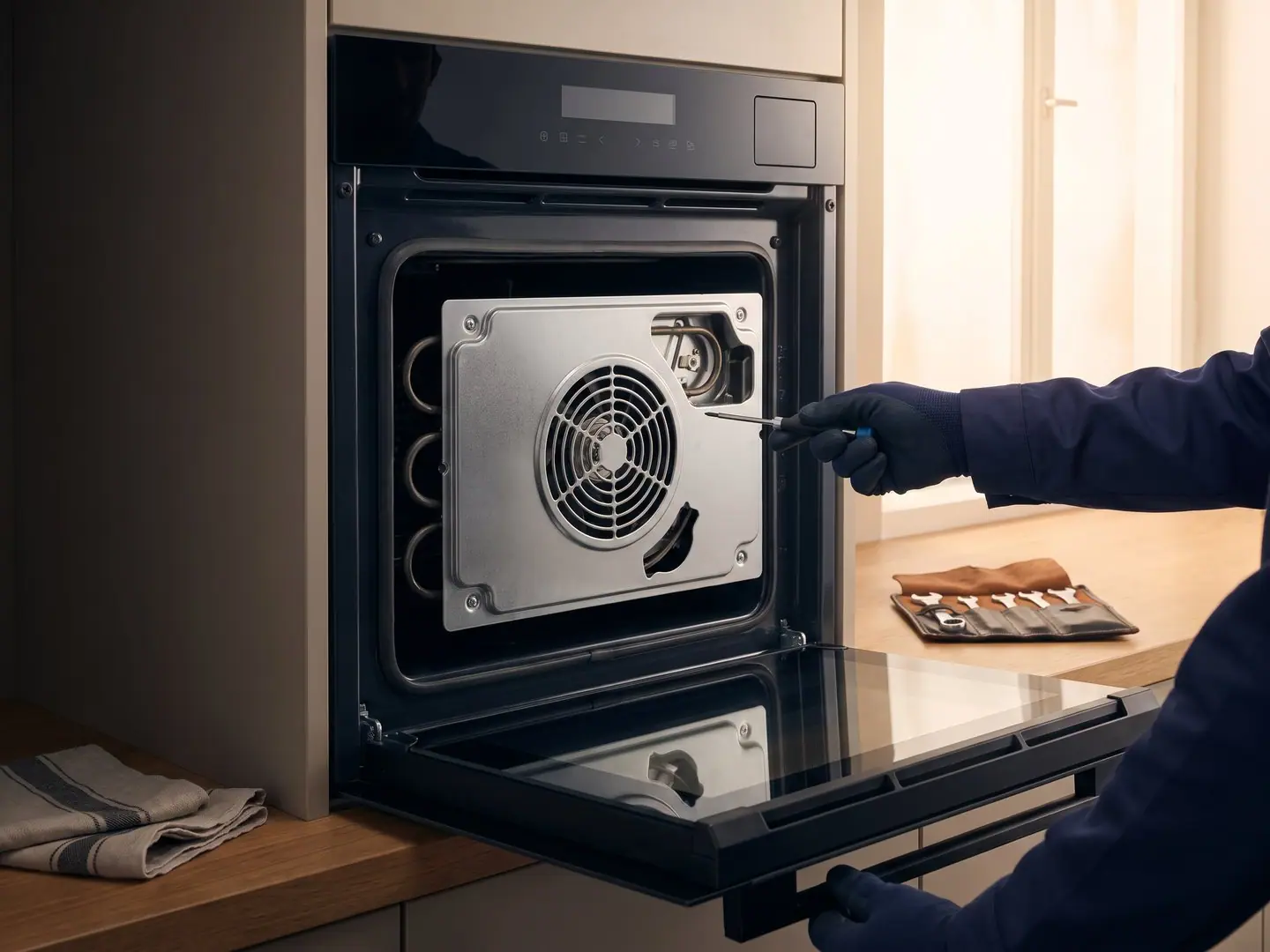 Gloved hands repairing a Miele appliance