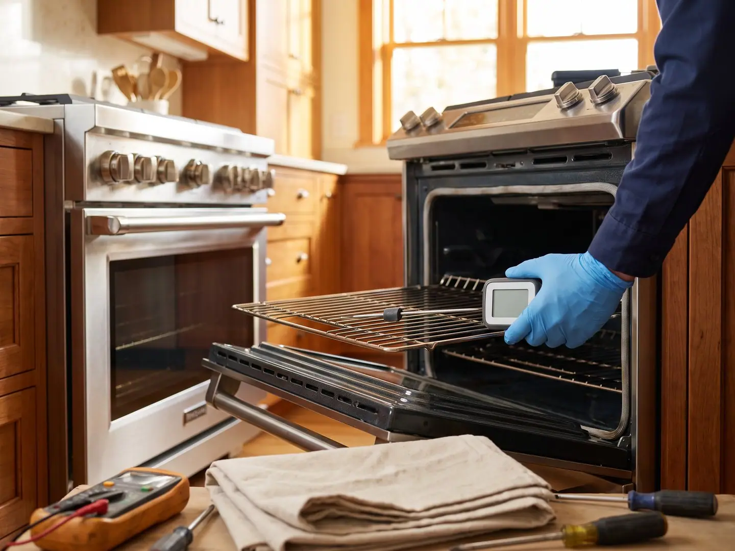 Gloved hands repairing a Monogram appliance