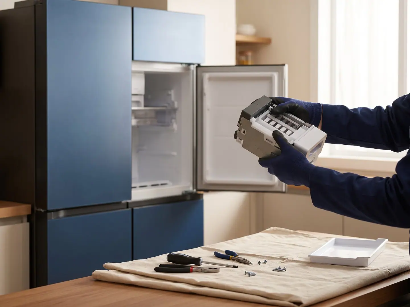 Gloved hands repairing a Samsung appliance