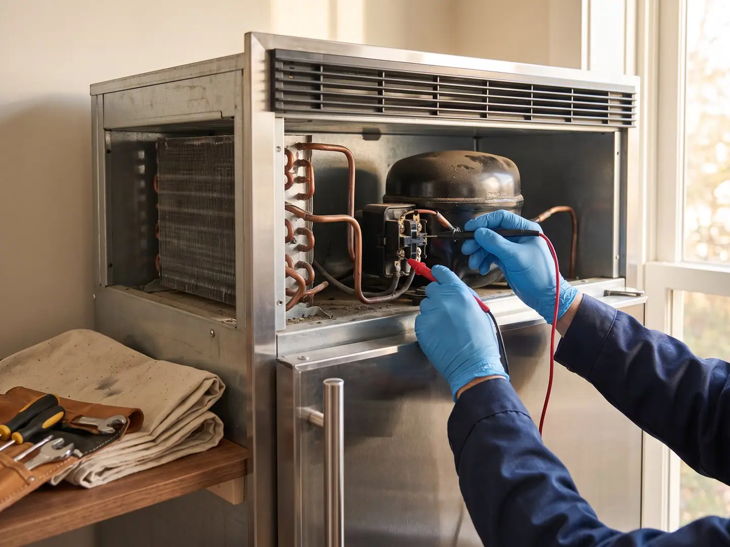 Gloved hands repairing a Sub-Zero appliance