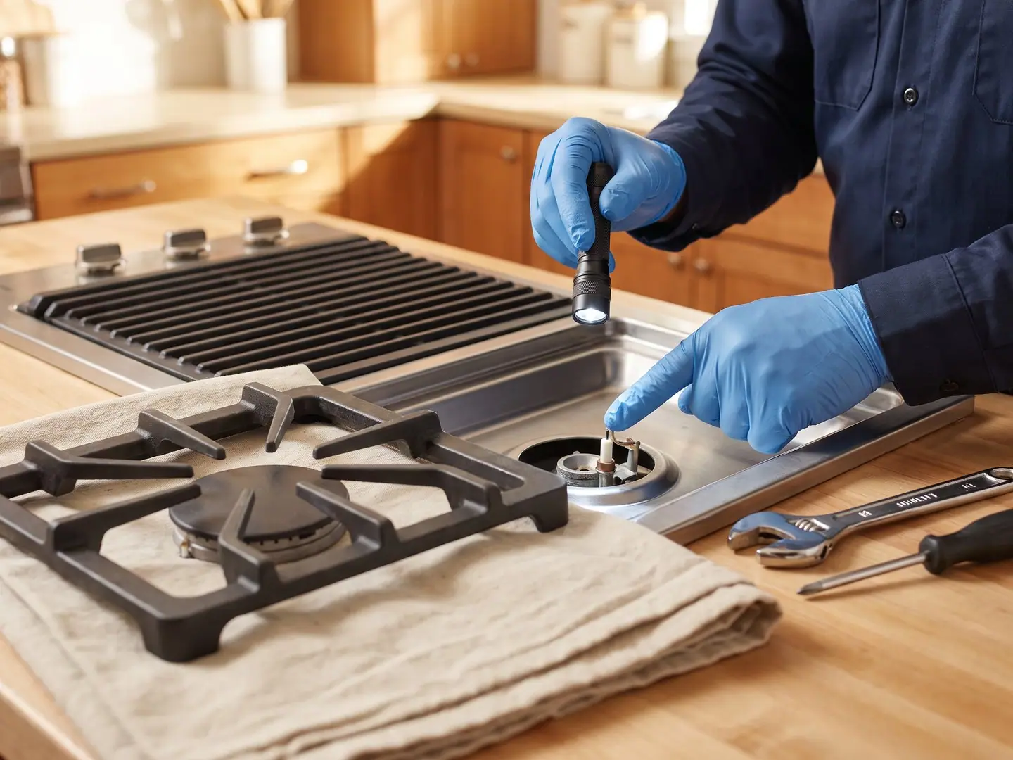 Gloved hands repairing a Thermador appliance