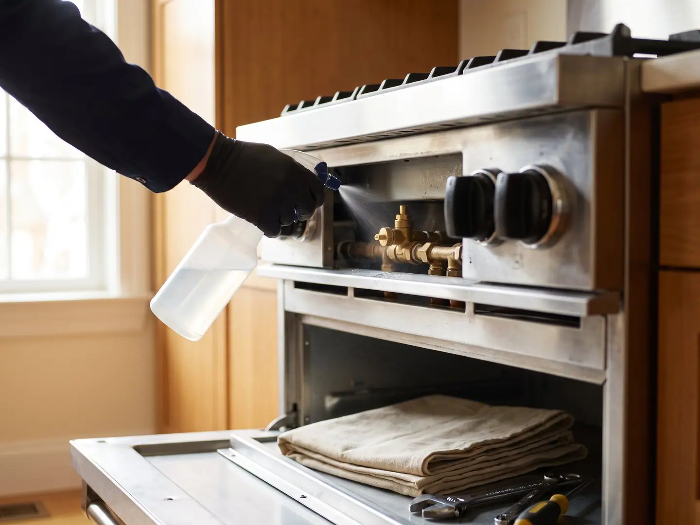Gloved hands repairing a Viking appliance