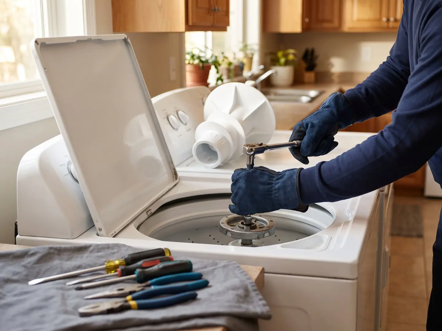 Gloved hands repairing a Whirlpool appliance