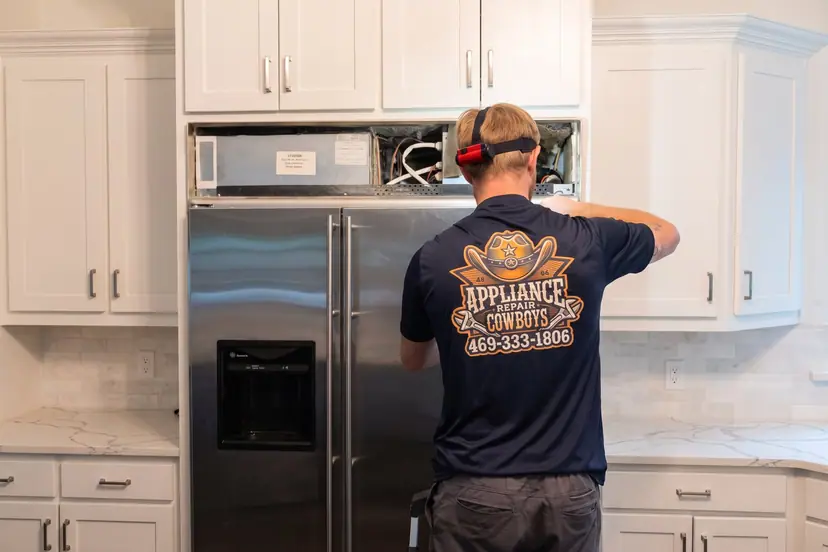 Technician in a navy Appliance Repair Cowboys polo working on a built-in refrigerator in a white kitchen